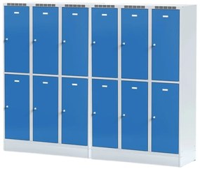 Alfa 3 Šatníková skrinka S6 na sokli s úložnými boxami, 6 boxov, 1920 x 1200 x 500 mm, otočný zámok, modré dvere