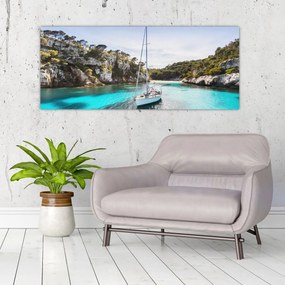 Obraz - Pláž s plachetnicou (120x50 cm)