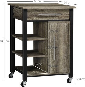 HOMCOM Kuchynský vozík s zásuvkou a kolesami - 60 x 50 x 84,5 cm - Čierny a dubový efekt | Aosom