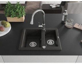 Mexen Carlos, 1,5-komorový granitový drez 582x475x177 mm a drezová batéria Elia, čierna-zlatá metalíza, 6518-75-670101-00