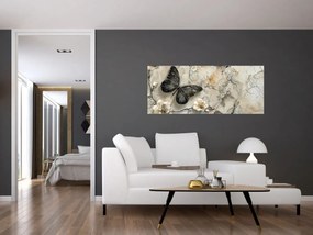 Obraz - Mramorové pozadie s motýľmi (120x50 cm)