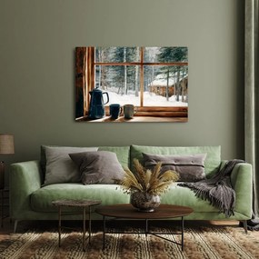 Vianočný obraz výhľad z útulnej lesnej chatky