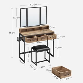 Toaletný stolík s čalúnenou stoličkou, 3 zásuvky, držiak na sušič vlasov, farba dub a čierna