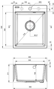 Deante Corio, granitový 1-komorový drez 500x400x211mm + čierna drezová batéria, šedá metalíza, DEA-ZRCBS103