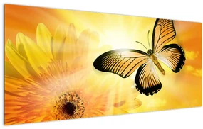 Obraz - Žltý motýľ s kvetom (120x50 cm)