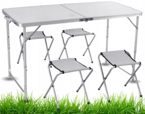 Kempingový stôl so 4 stoličkami v bielej farbe 120x60x70 cm