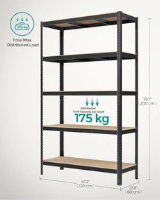 Regál s vysokou nosnosťou, 5 úrovní kovová polica 200 x 120 x 60 cm, čierna