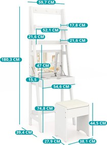 Úzky toaletný stolík s 2 policami a stoličkou, 60 x 40 x 180 cm
