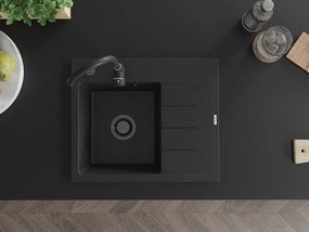 Mexen Ben, 1-komorový granitový drez 600x500x190 mm, ľavý + čierny sifón, čierna-strieborná metalíza, 6522605000-73-B