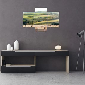 Obraz - Drevená polica s krajinou (90x60 cm)
