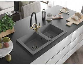 Mexen Mario, granitový drez 820x436x161 mm, 2-komorový a drezová batéria Duo, šedá, 6504-71-671701-57-B