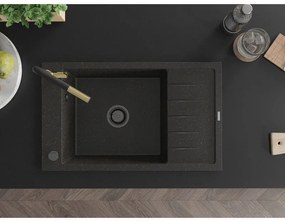Mexen Elias, 1-komorový granitový drez 795x480x200 mm a drezová batéria Flora, čierna-zlatá metalíza, 6511-75-670401-57-B