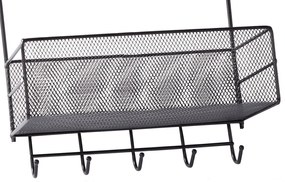 VERK GROUP Dvojposchodová závesná kovová polica do kúpeľne s 5 háčikmi, čierny ARGO