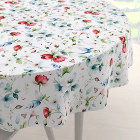 Biante Teflónový okrúhly obrus TF-116 Akvarelové kvety s kolibríkmi na bielom Ø 70 cm