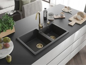 Mexen Tomas, granitový drez 800x500x190 mm, 2-komorový, čierna škvrnitá so zlatým sifónom, 6516802000-76-G