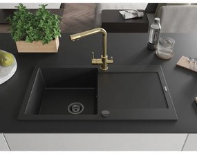 Mexen Leo, drez granitový 900x500x190 mm, 1-komorový a zlatá batéria Duero, čierna, 6501-77-671600-50-B