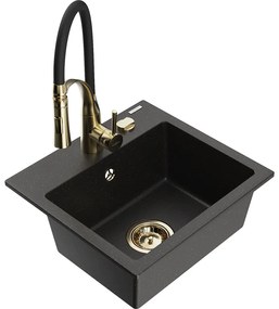 Mexen Milo, 1-komorový granitový drez 435x410x171 mm a drezová batéria Aster, čierna-zlatá metalíza, 6505-75-73450-57-G