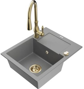 Mexen Enzo, 1-komorový granitový drez 576x465x174 mm a drezová batéria Savita, šedá, 6506-71-672601-50
