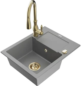 Mexen Enzo, 1-komorový granitový drez 576x465x174 mm a drezová batéria Savita, šedá, 6506-71-672601-50