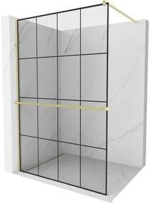 Mexen Kioto+, sprchová zástena Walk-In s poličkou a vešiakom 130 x 200 cm, 8mm číre sklo čierny vzor, zlatý matný profil, 800-130-121-55-77
