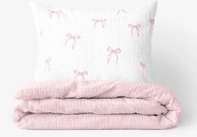 Goldea detské krepové obliečky duo - ružové mašličky s púdrovo ružovou 140 x 200 a 70 x 90 cm