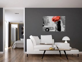 Obraz - Zamilovaný pár pod dáždnikom, červený (90x60 cm)