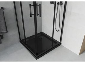 Mexen Rio, štvorcový sprchovací kút s posuvnými dverami 80 x 80 cm, 6mm číre sklo, čierny profil + čierna sprchová vanička, 860-080-080-70-00-4070B