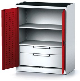 Policová dielenská skriňa 2-dverová MECHANIC, 1 polica, 2 zásuvky, 920 x 500 x 1170 mm, červené dvere