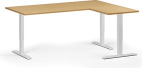 Výškovo nastaviteľný stôl, 180x140 cm, 3 motory, L/P, biela podnož, buk