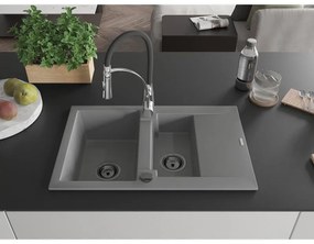 Mexen Gaspar, 1,5-komorový granitový drez 737x475x177 mm a drezová batéria Aster, šedá, 6507-71-73450-07-B
