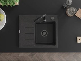 Mexen Ben, 1-komorový granitový drez 600x500x190 mm, pravý + čierny sifón, čierna škvrnitá, 6523605000-76-B