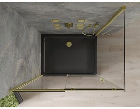 Mexen Omega, sprchový kút s posuvnými dverami 100 (dvere) x 90 (stena) cm, 8mm číre sklo, zlatý profil + slim sprchová vanička čierna + zlatý sifón, 825-100-090-50-00-4070G