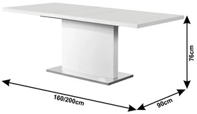 Kondela Rozkladací jedálenský stôl, biela vysoký lesk HG, 160-200x90 cm, KORINTOS