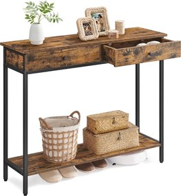Konzolový stolík, s 2 zásuvkami, oceľový rám, 30 × 100 × 80 cm, rustikálna hnedá farba