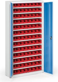 Skriňa s plastovými boxami BASIC - 1800 x 400 x 920 mm, 104xA, sivá / modré dvere