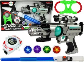 LEAN Toys Sada vesmírneho bojovníka: laserová zbraň, svetelný meč, putá, vrhač diskov