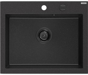 Mexen Elix, 1-komorový granitový drez 600 x 500 mm, čierna/strieborná metalíza, čierny sifón - 6525601005-73-B
