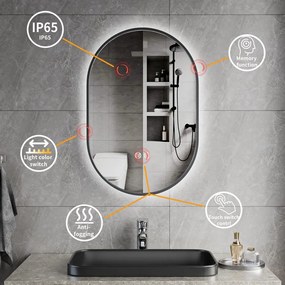 Erga Freya, oválne LED zrkadlo 40x60cm v čiernom kovovom ráme, 3 farby svetla, zadné osvetlenie, vyhrievacia podložka proti zapareniu, ERG-V01-FREYA-4060-BK