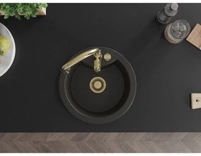 Mexen Diego, 1-komorový granitový drez 488x488x167 mm a drezová batéria Savita, čierna-zlatá metalíza, 6512-75-672601-50