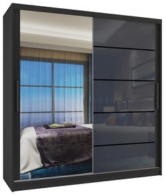 Šatníková skriňa 158 cm Belini čierny mat / šedý lesk s posuvnými dverami zrkadlom a zásuvkami MGB SZP7/0/B/1L5S/KLP