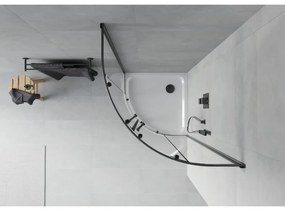 Mexen Rio, štvrťkruhový sprchovací kút s posuvnými dverami 90 x 90 cm, 6mm číre sklo, čierny profil + biela sprchová vanička, 863-090-090-70-00-4110B