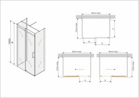 Mexen Omega, 3-stenný sprchovací kút s posuvnými dverami 130 (dvere) x 90 (stena) cm, 8mm číre sklo, chrómový profil, 825-130-090-03-00