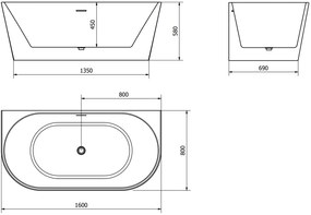 Mexen Oval, voľne stojaca nástenná vaňa 160 x 80 cm, biela, brúsená oceľ prepad, 52671608000-97