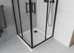 Mexen Rio, štvorcový sprchovací kút s posuvnými dverami 80 (dvere) x 80 (dvere) x 190 cm, 5mm číre sklo, čierny profil + biela sprchová vanička SLIM, 860-080-080-70-00-4010B