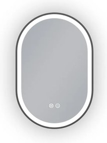 Erga Gwen, oválne LED zrkadlo 40x60cm v čiernom kovovom ráme, 3 farby svetla, predné osvetlenie, vyhrievacia podložka proti zapareniu, ERG-V01-GWEN-4060-BK