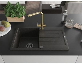 Mexen Bruno, 1-komorový granitový drez s odkvapkávačom 795x495x200 mm a zlatá batéria Duero, čierna-zlatá metalíza, 6513-75-671600-50-B