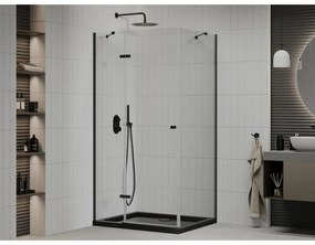 Mexen Roma, sprchovací kút s 1-krídlovými dverami 120 (dvere) x 90 (stena) cm, 6mm číre sklo, čierny profil, slim sprchová vanička 5cm čierna s čiernym sifónom, 854-120-090-70-00-4070B