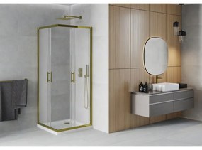 Mexen Rio, štvorcový sprchovací kút s posuvnými dverami 90(dvere) x 90(dvere) x 190 cm, 6mm sklo námraza, zlatý profil + biela sprchová vanička SLIM, 860-090-090-50-30-4010G