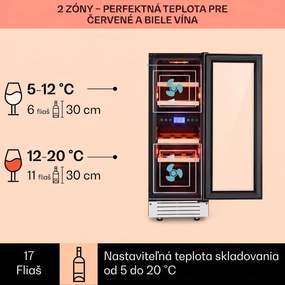 Klarstein Vinovilla 17 Built-in Duo Onyx Edition, dvojzónová vinotéka, 53 l, 17 fliaš, 3-farebné LED osvetlenie, sklenené dvere