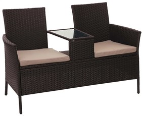 Záhradná lavica so stolíkom E24 - umelý ratan, 132cm - Hnedá, sedáky krémová